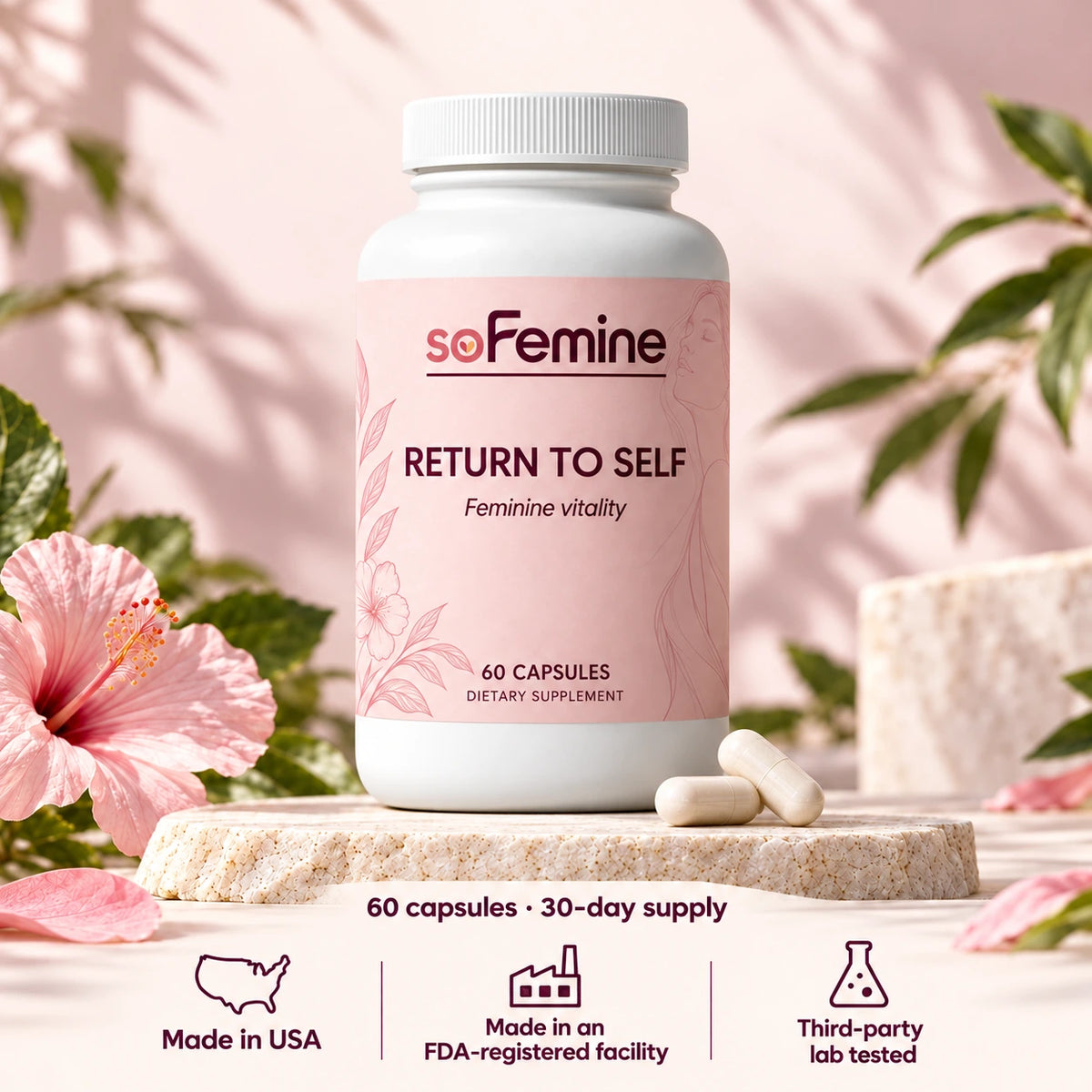 SoFemine Return to Self, 60 capsules, 30-day supply. Made in USA. FDA-registered facility. Third-party lab tested.
