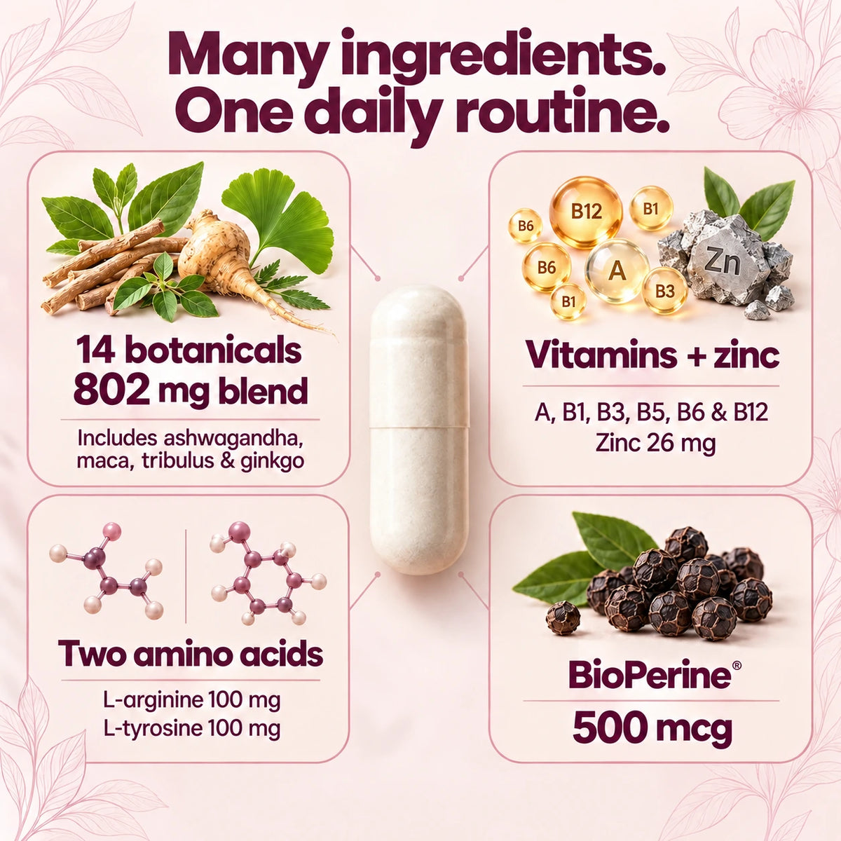 Many ingredients. One daily routine. Fourteen botanicals in an 802 mg blend, vitamins and zinc, two amino acids and BioPerine.